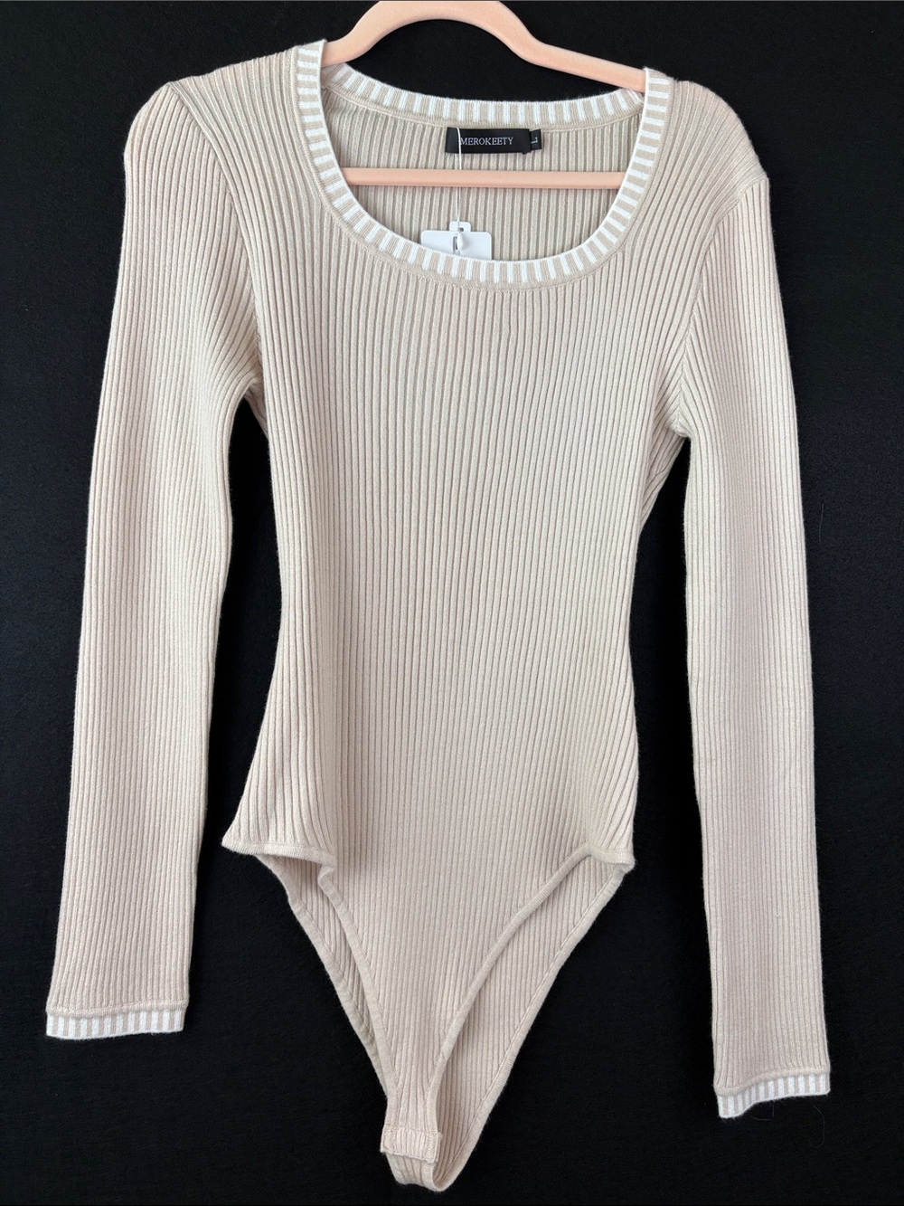 Merokeety Long-Sleeve Ribbed Bodysuit in Beige with White Striped accents Large